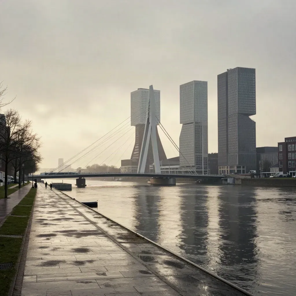 Rotterdamse skyline boven de Maas met natte glans en rustige waterlaag