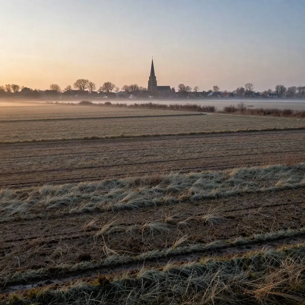 Verre polder met kerktoren, heggen, mist en brede vlaktes bij zonsopkomst.