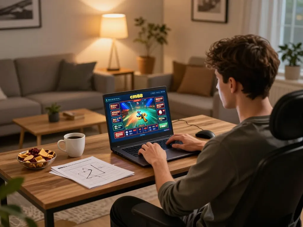 Player engaging with cm88 online casino on laptop in a cozy home setting for a dynamic gaming experience.