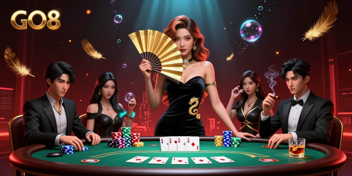 Experience GO8's elite poker scene with a captivating Asian woman amidst vibrant gaming elements.