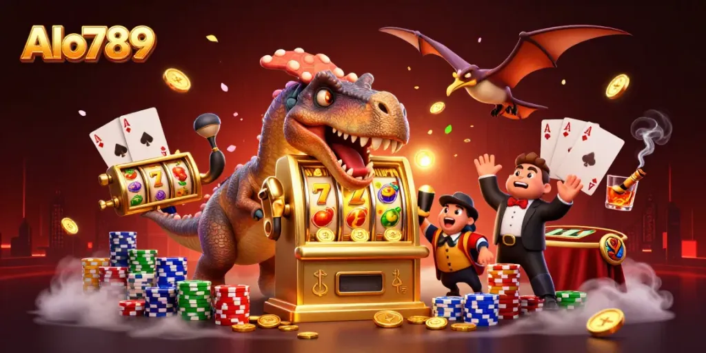 Alo789 casino scene featuring a dinosaur hitting a slot machine, dynamically surrounded by vibrant chips and symbols.