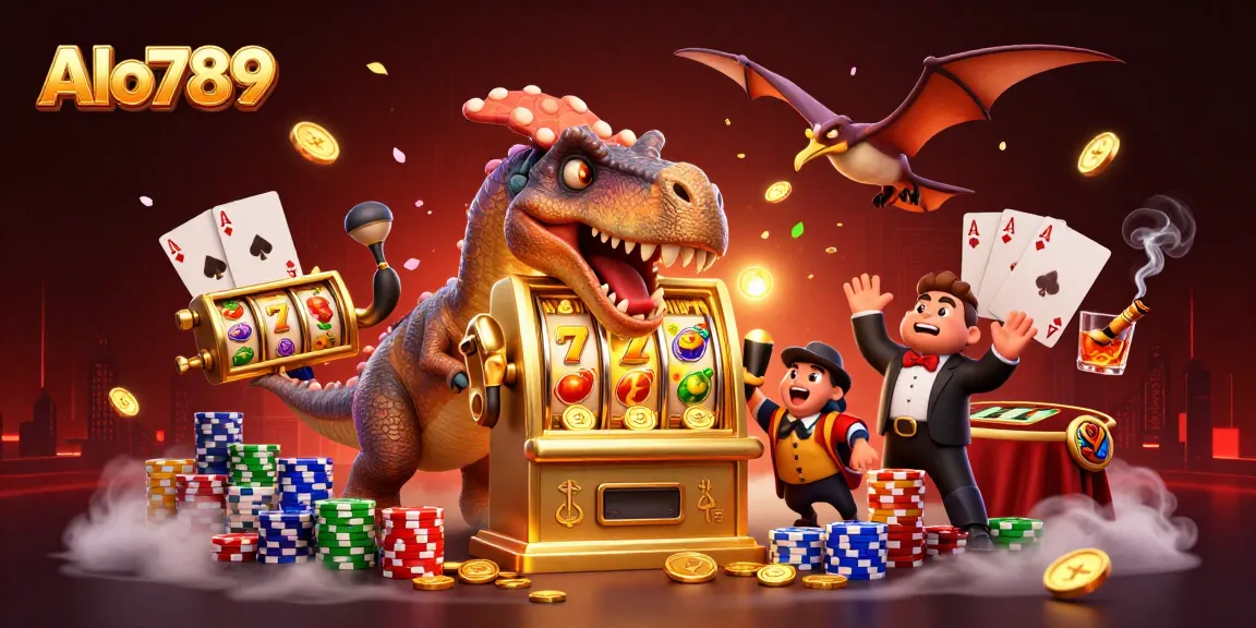 Alo789 casino scene featuring a dinosaur hitting a slot machine, dynamically surrounded by vibrant chips and symbols.