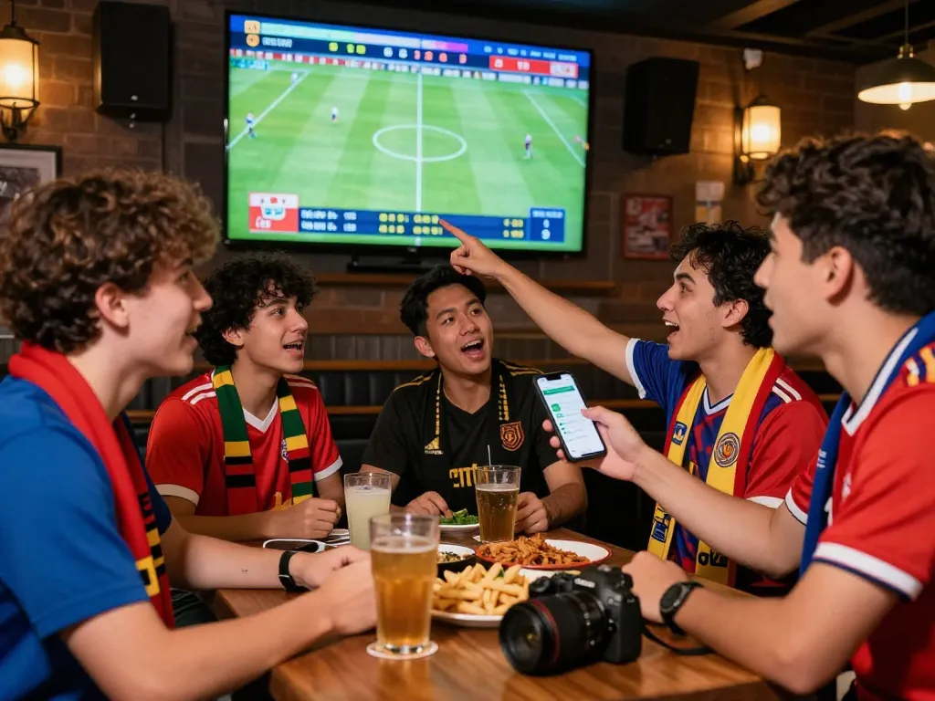 Tỷ lệ kèo bóng đá displayed on screens in a lively sports bar, capturing the excitement of fans during a match.