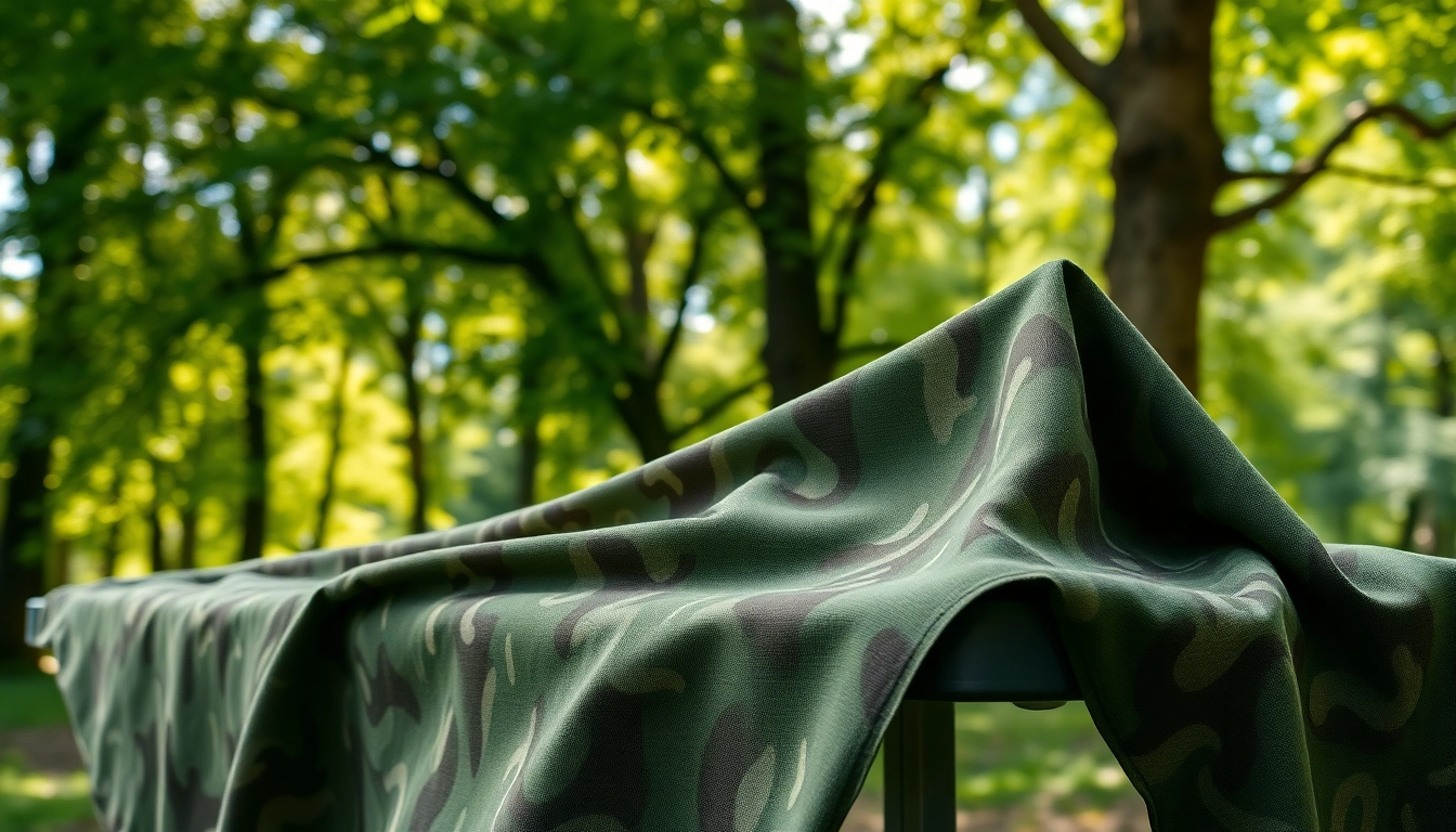 Goedkope camouflage print op een campingtafel, perfect voor avontuurlijke buitenactiviteiten.