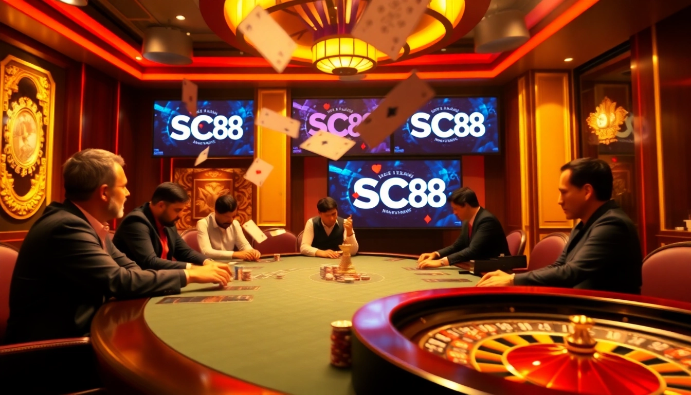 Players engage at a SC 88 poker table, capturing the excitement of high-stakes gambling.