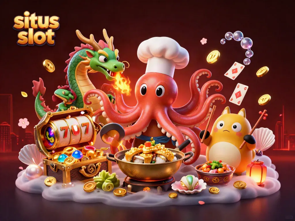 Experience the excitement of situs slot with a dynamic 3D illustration featuring characters and elements from the casino world.