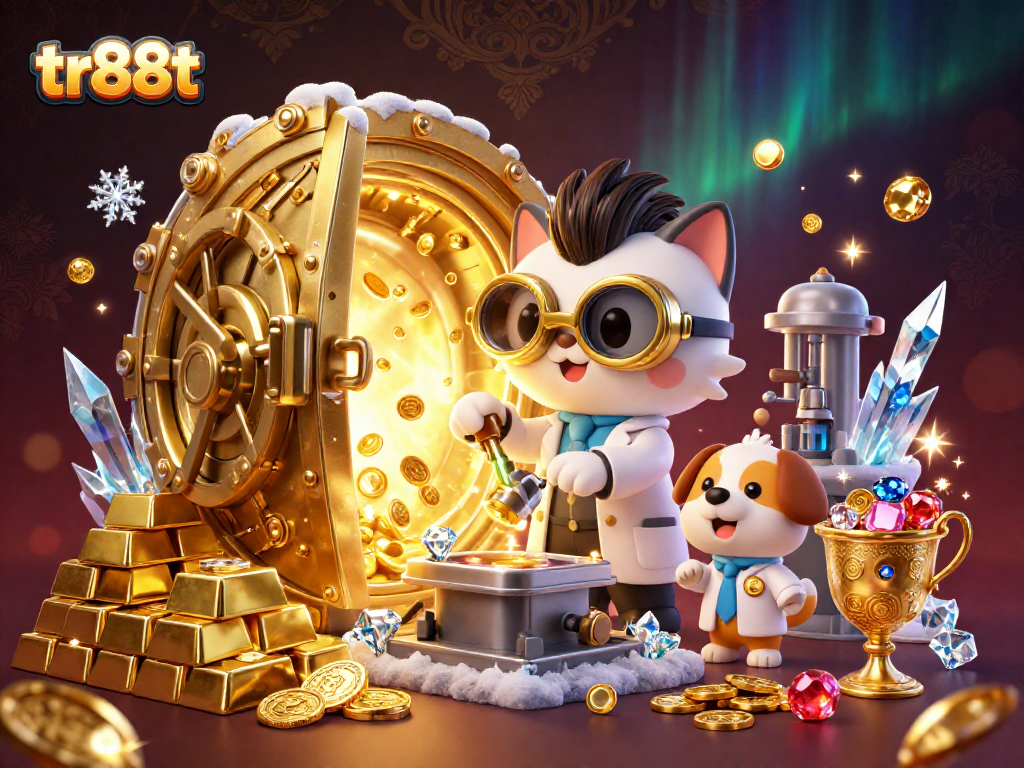 Spin reels and gamble with tr88t as cartoon characters create gold coins in a lively casino-themed lab.