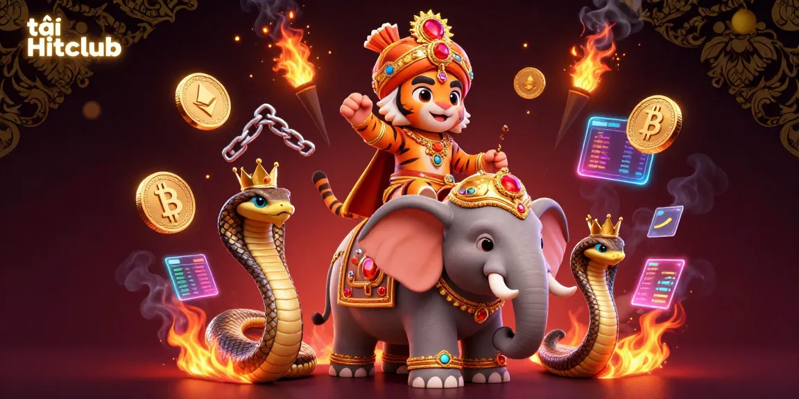 Experience the thrill of tải Hitclub with a vibrant scene featuring a 3D maharaja tiger, jewel elephant, and crypto elements.