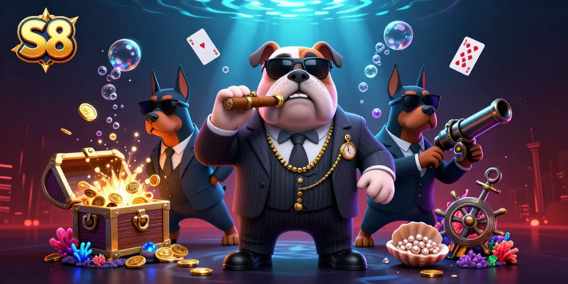 Experience thrilling games at S8 with a mafia-themed illustration showcasing excitement and rewards.