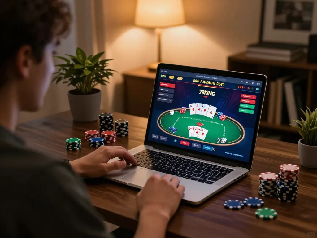 Player enjoying a strategic online poker game at 79king with focused attention and vibrant visuals.