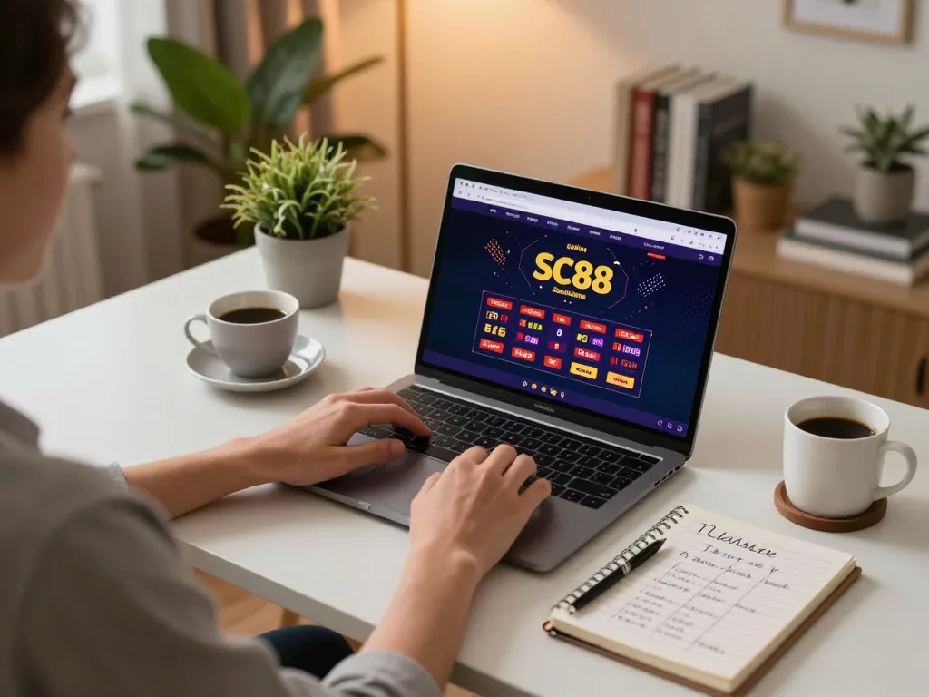 Person engaging with SC88 online casino app on laptop, strategically planning bets in a cozy home office