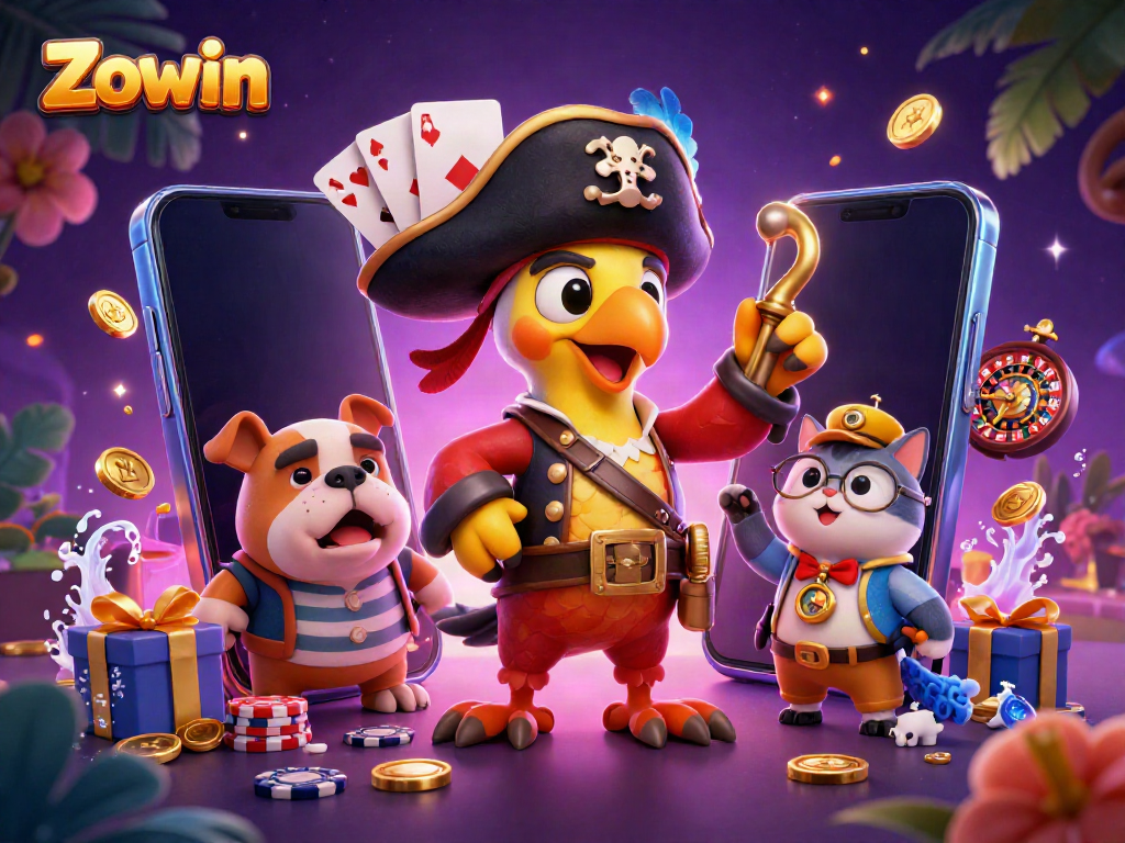 Engage with Zowin's vibrant gaming scene featuring exciting slot games and dynamic characters.