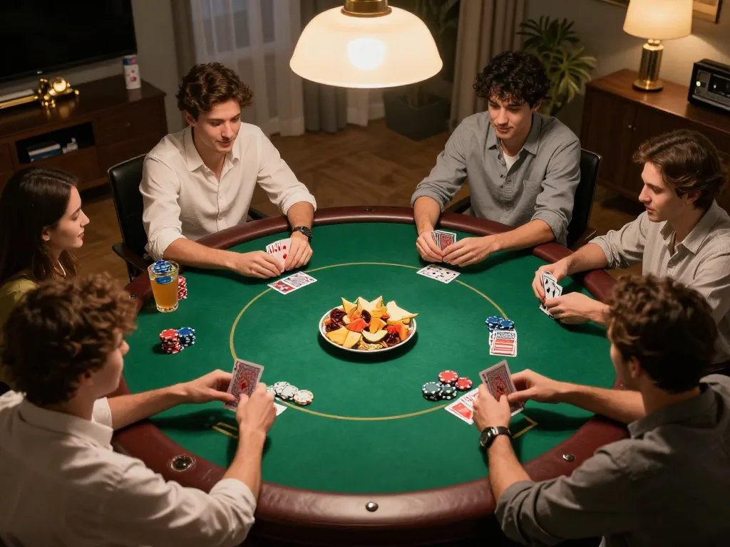 Friends play poker at home with engaging gameplay focusing on 78 win strategies.