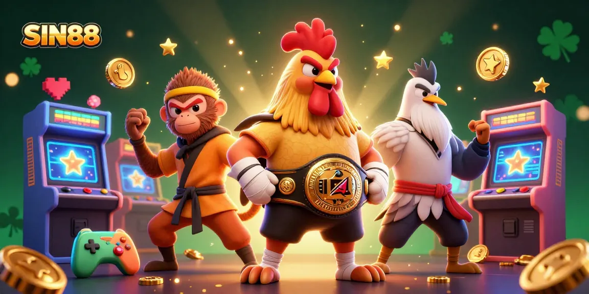 SIN88 captivating scene of a Muay Thai rooster, Shaolin monkey, and crane master in a casino-themed environment
