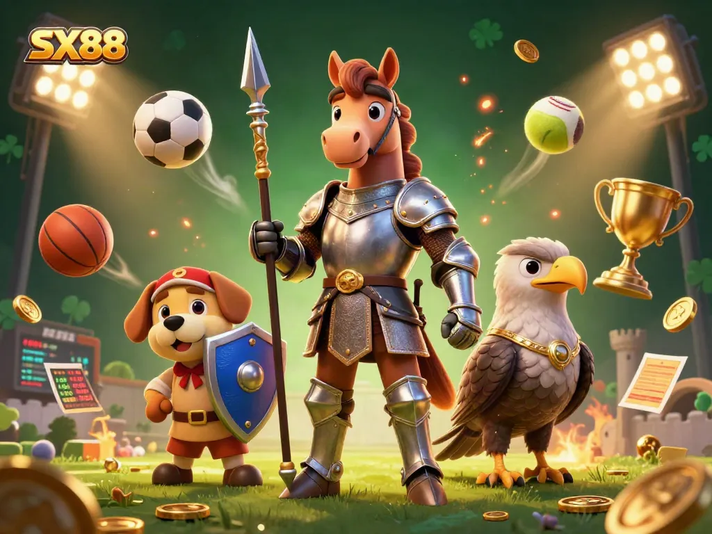 SX88 brings excitement with a knight, squire, and falcon in a dynamic sports-themed casino scene.