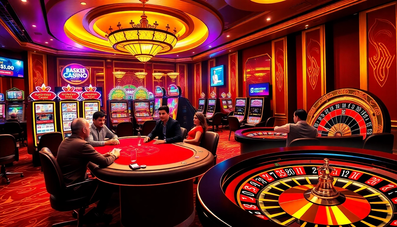 Experience the thrill of betting at vin88ac.com, with a vibrant casino scene featuring poker tables and slot machines.