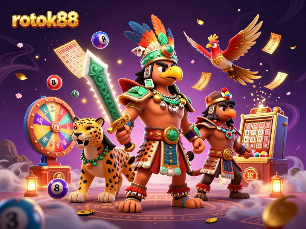 Experience thrilling gameplay with rokok88's vibrant casino scene featuring lottery balls and golden tickets.