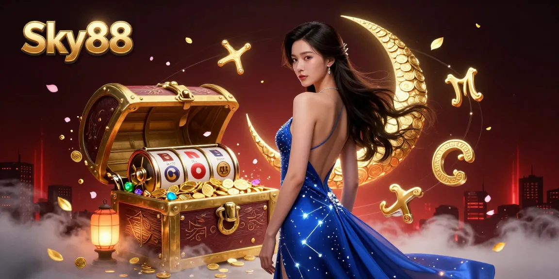 Experience the excitement of Sky88 slots with a stunning 3D illustration featuring captivating elements and treasures.