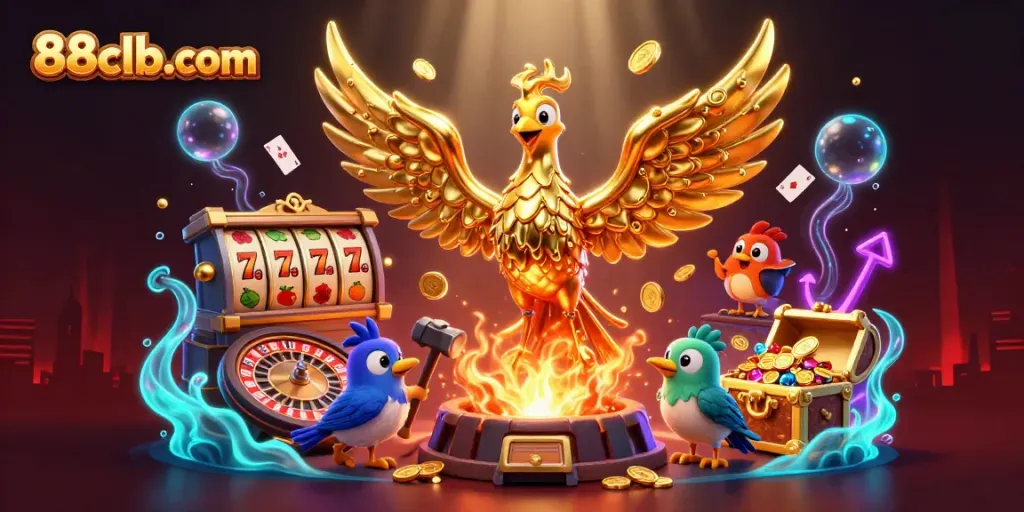 Experience thrilling gameplay at 88clb-com with a captivating golden phoenix soaring over a vibrant casino scene.