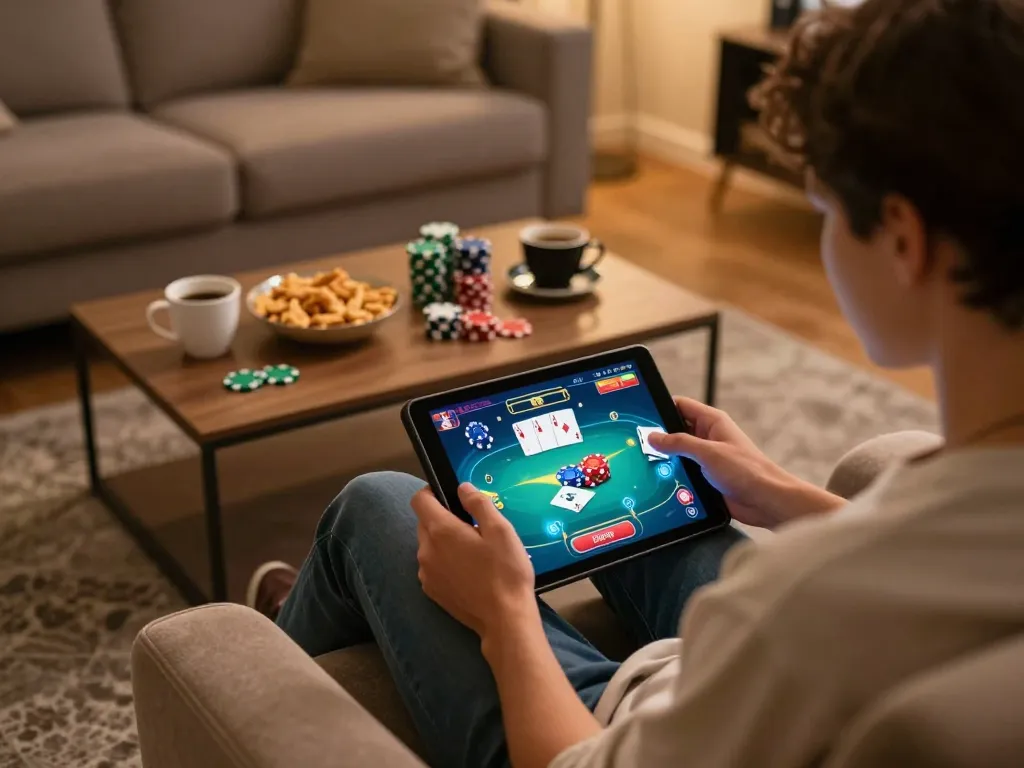 Engage in exciting online poker gameplay with KP88, featuring dynamic tablet interface and cozy atmosphere.