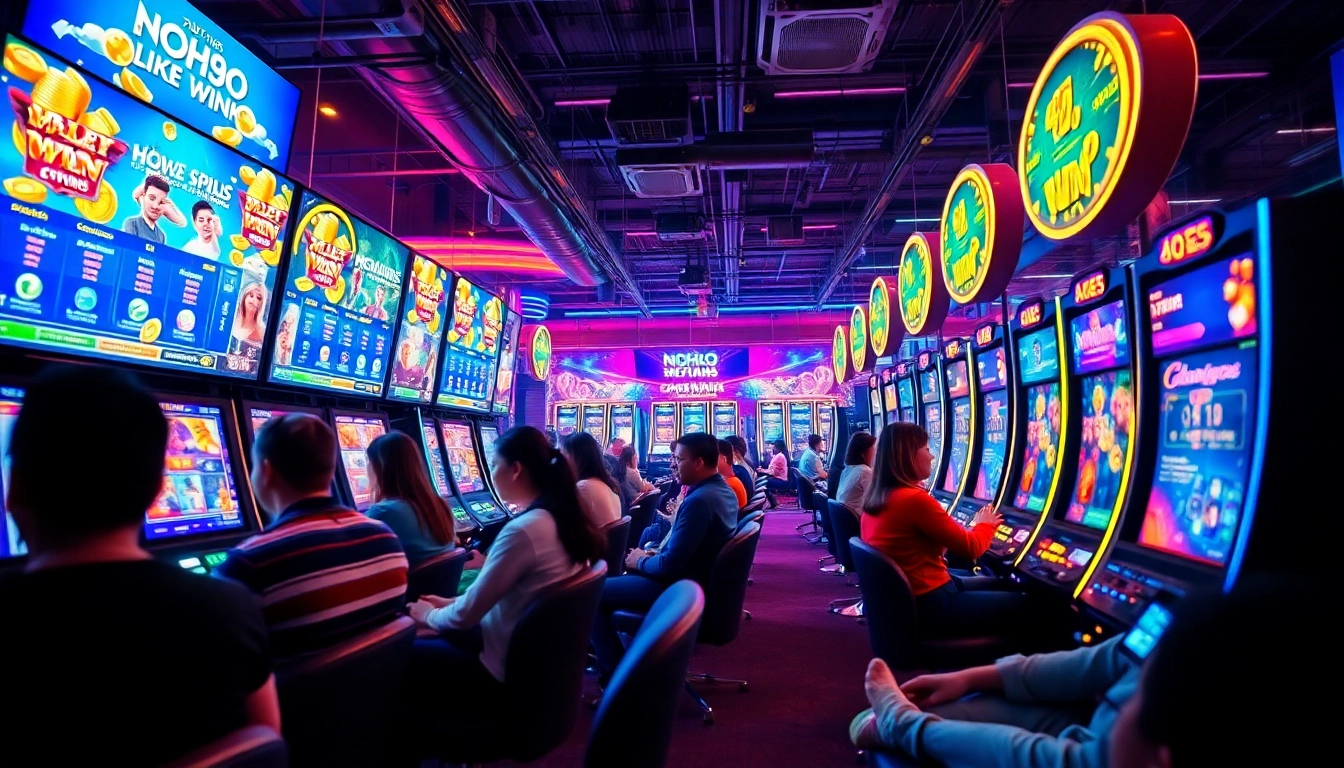 Exciting online gaming scene featuring diverse players engaging with NOHU90 slot games for big rewards.