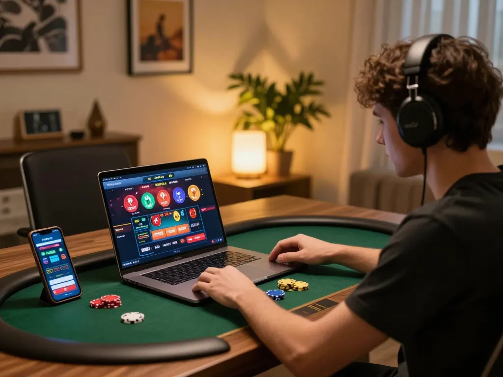 Engaging in strategic online poker on rikvip platform, showcasing a modern gaming setup with personal touches