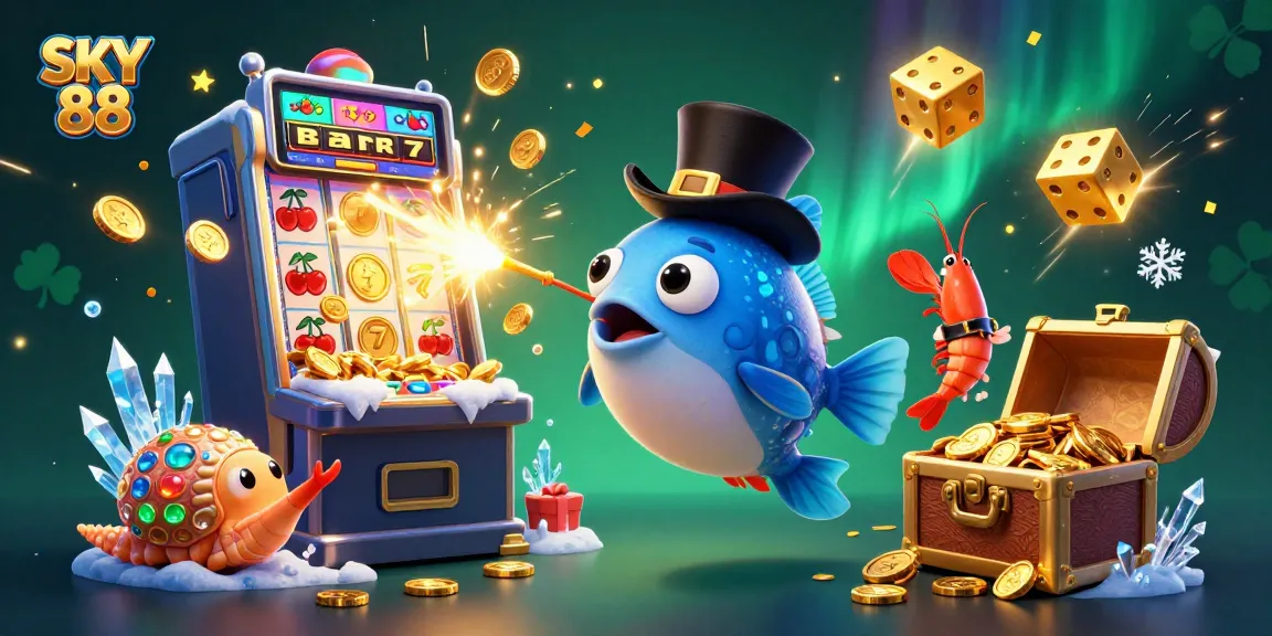 SKY 88 showcases a vibrant 3D casino scene with treasure-laden characters and dynamic game elements.