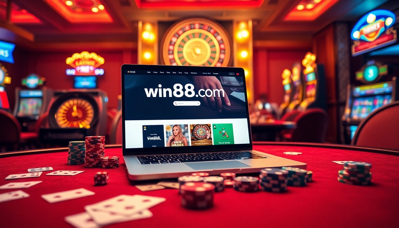 Engaging players on win88.com at a vibrant online casino table with chips and cards.