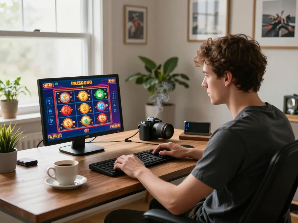 Player engaging in O8 online slots on a tablet in a cozy home office, showcasing an immersive gaming experience.