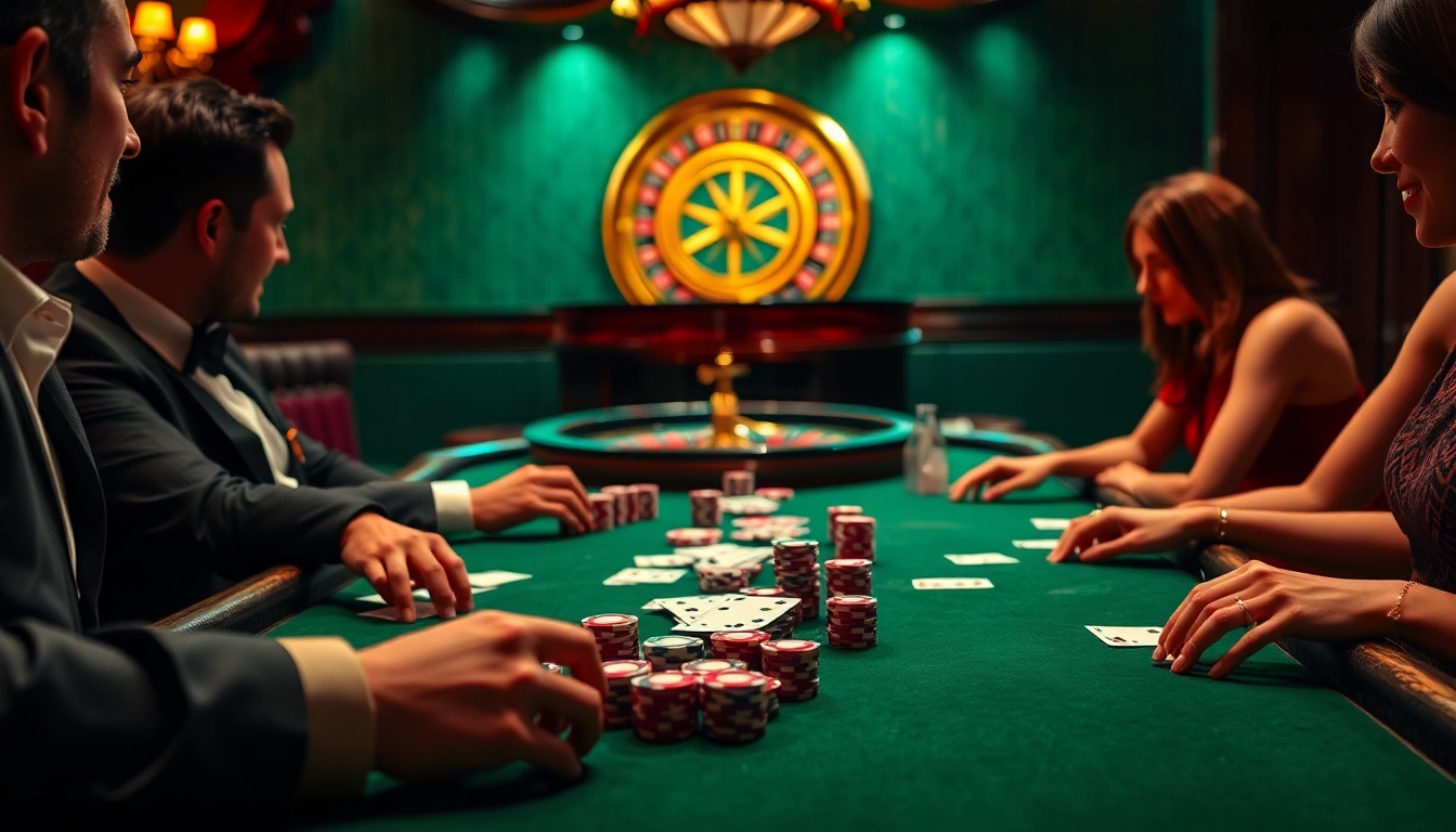Players strategically betting at a poker table in a luxurious casino setting with s8s-themed décor.