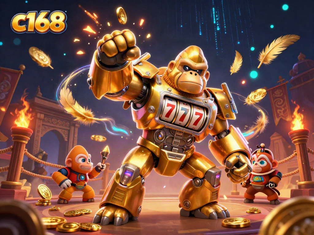 Engage in thrilling gameplay at c168 with a vibrant 3D illustration featuring gold-themed casino elements and energetic action.