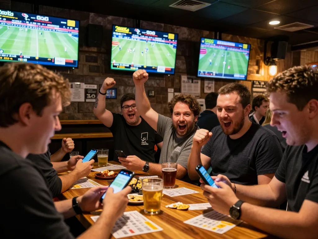 Experience the excitement of live sports betting at Go8, dynamic atmosphere with fans engaged on mobile devices.