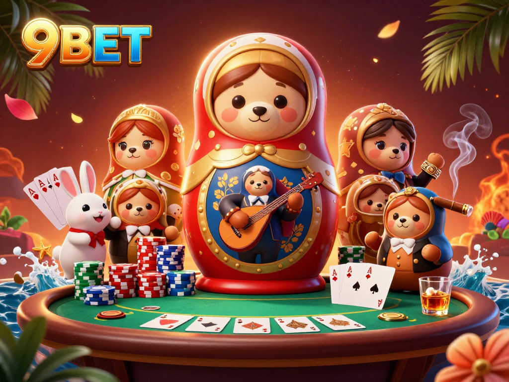 Experience thrilling poker action with 9BET featuring bears and dynamic casino elements in an engaging scene.