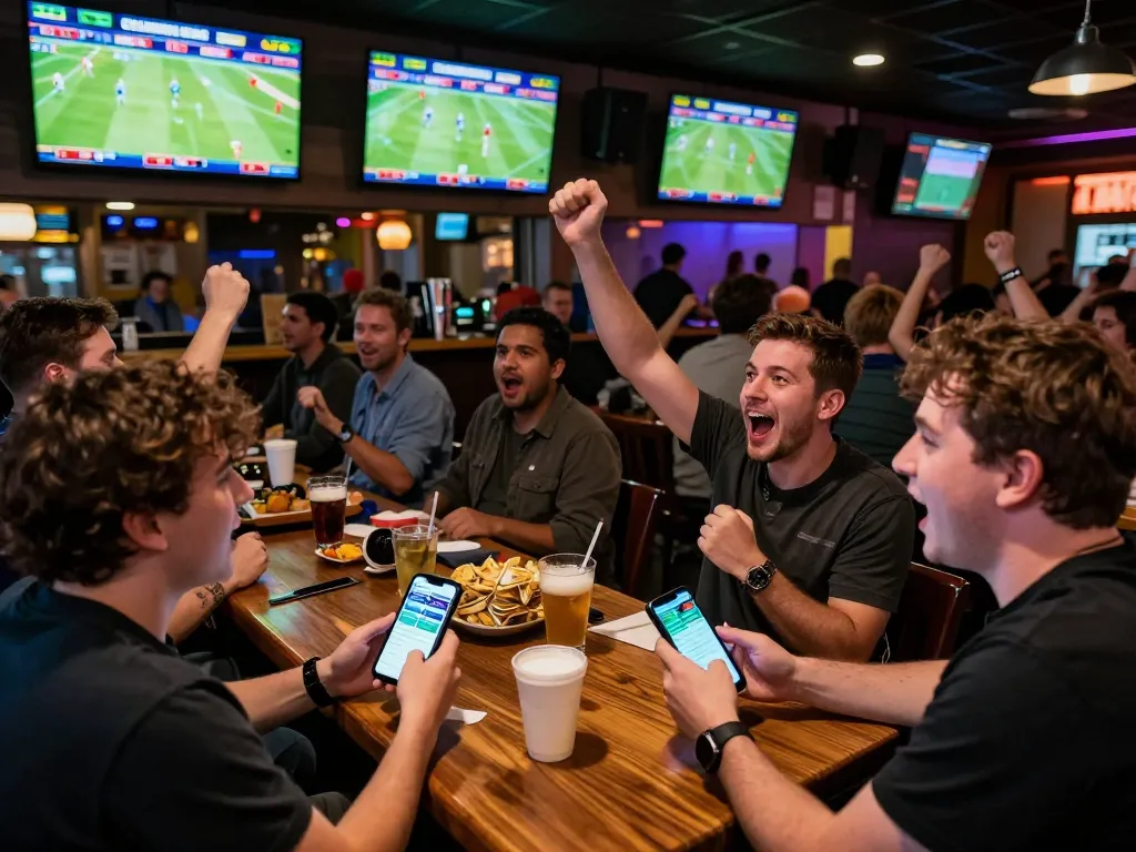 Exciting sports betting at https://98win8.co.com/ with fans cheering and mobile app usage in a lively setting.