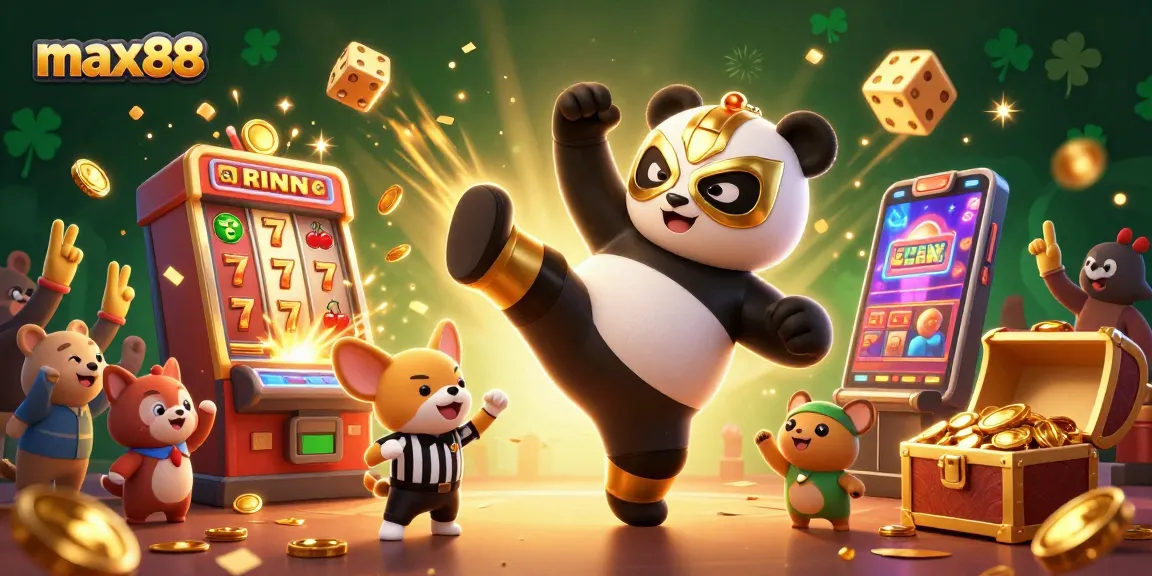 Experience max88's excitement with a vibrant panda wrestling scene amidst dynamic casino elements.
