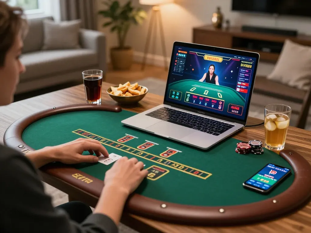 Player enjoying an online blackjack game at home with ALO8 for immersive gaming experience