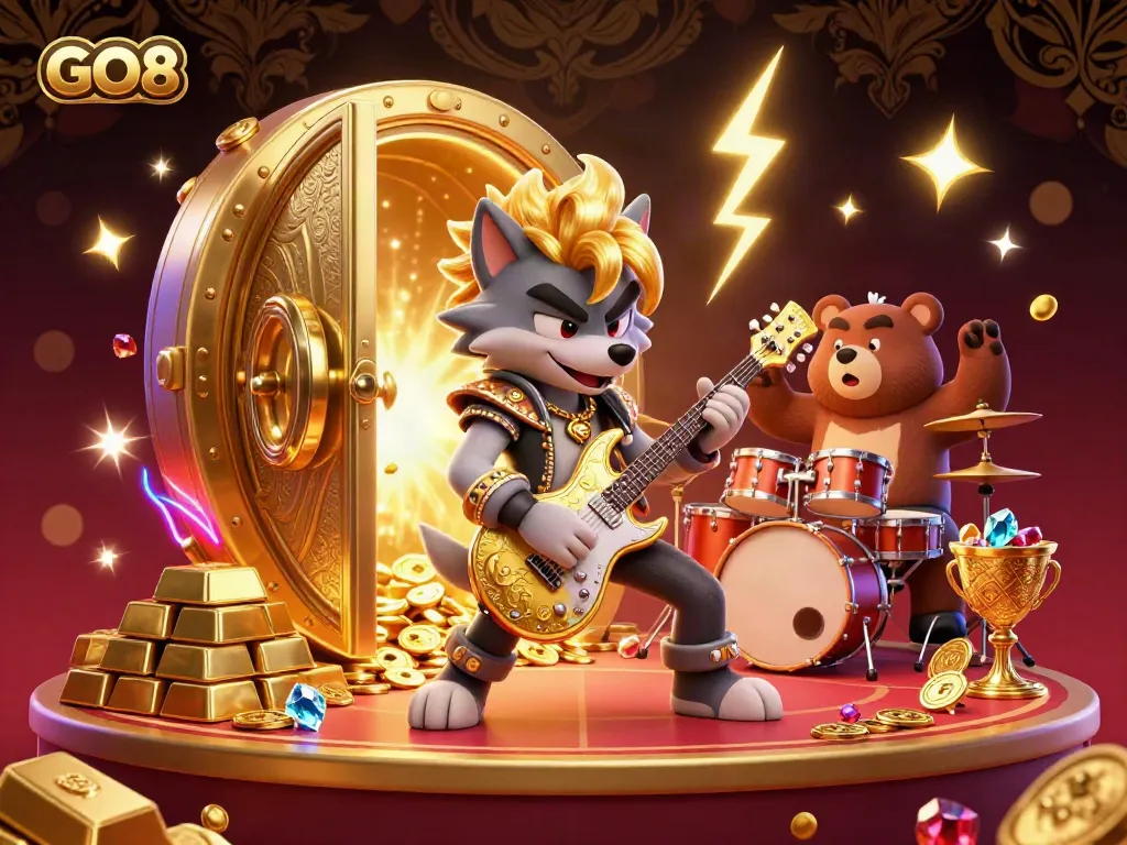 Experience the thrill of GO8 with vibrant casino action featuring a rock star wolf and gold treasure.