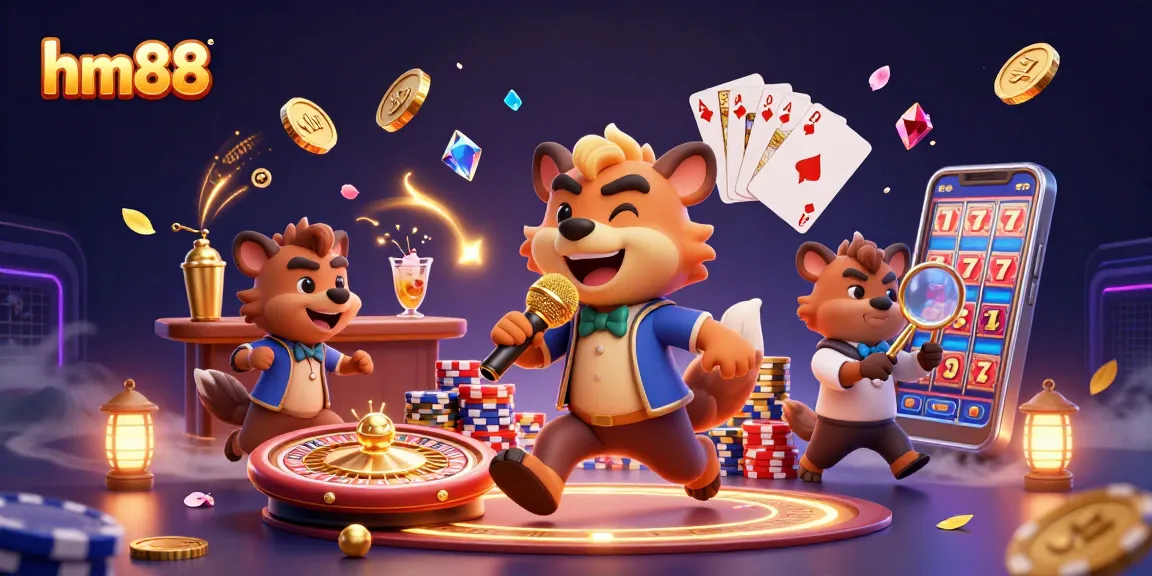 Engage with exciting games at hm88, featuring a vibrant casino atmosphere with hyenas and jackpot elements.