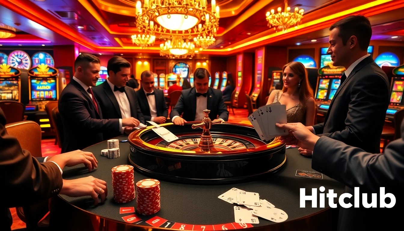 Hitclub players engaging with a vibrant roulette table in a luxurious casino ambiance.