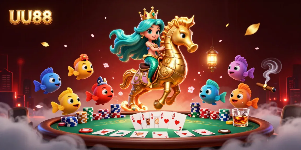 Experience thrilling poker action with UU88 illustrated as a vibrant 3D scene featuring a mermaid princess and giant seahorse.