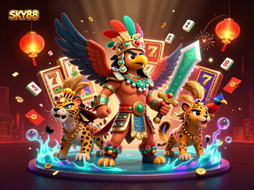 Experience thrilling slots and jackpots with SKY88's dynamic casino scene filled with rich colors and characters.