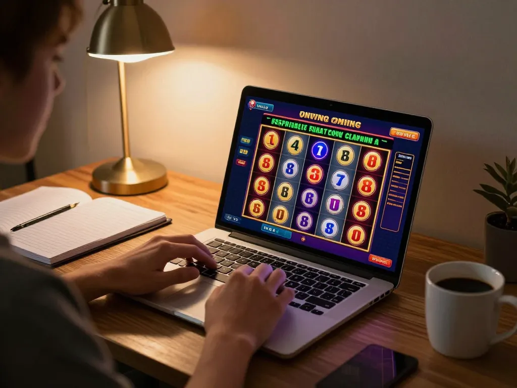 Engaged user playing o8 online slot game in a cozy home workspace, showcasing vibrant game graphics.