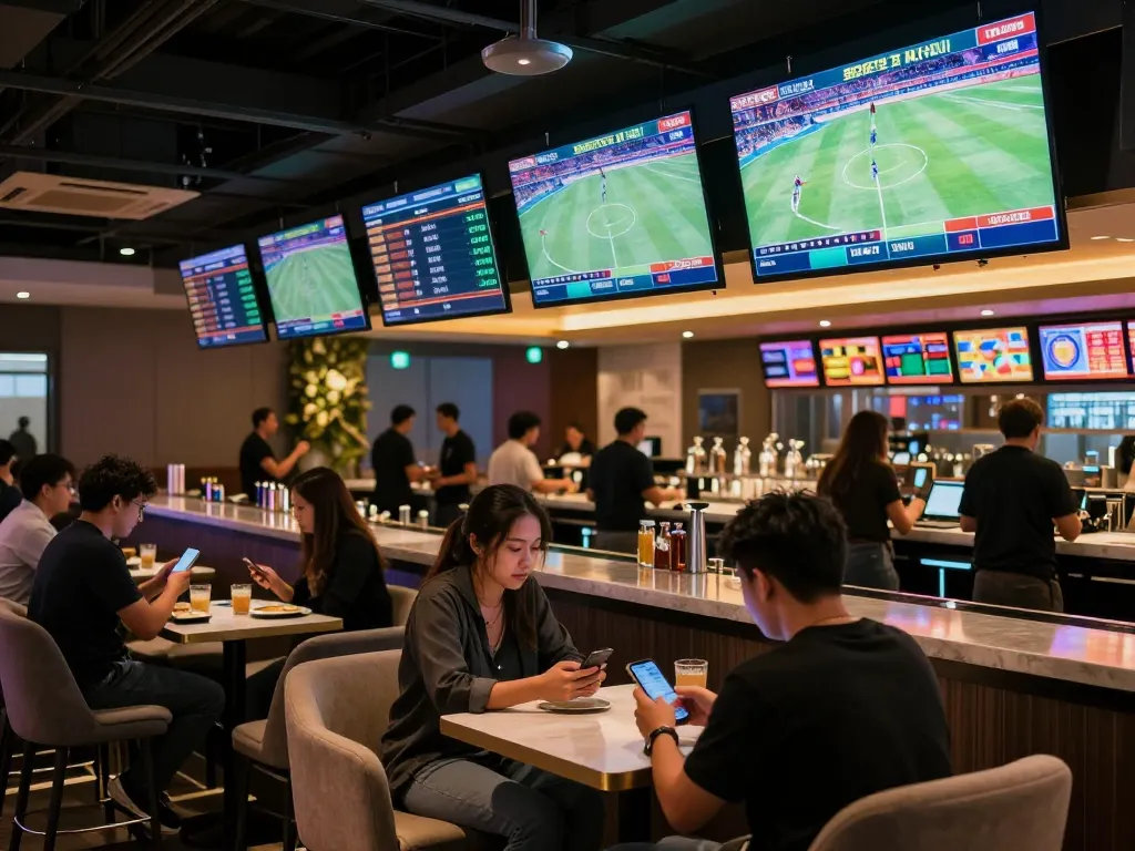 Exciting sports betting atmosphere with patrons analyzing kèo nhà cái predictions on screens and smartphones.