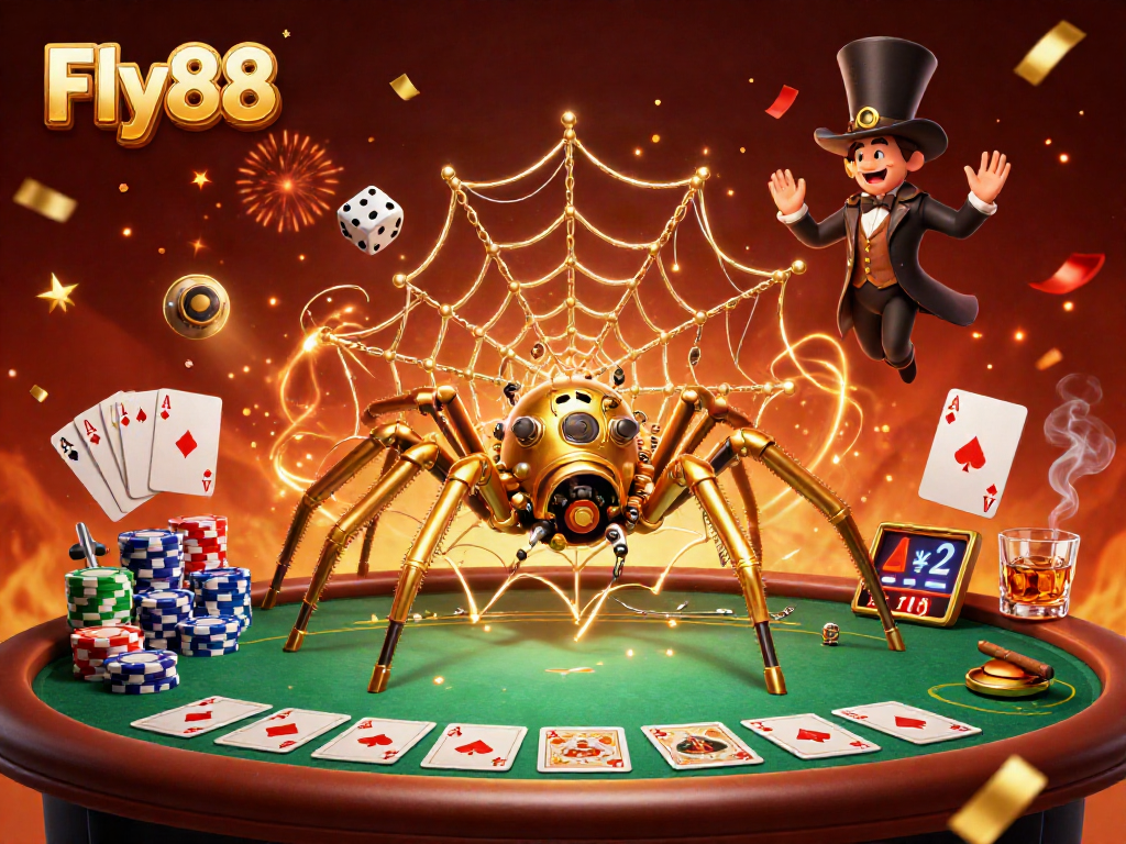 Engage with Fly88's thrilling casino atmosphere through a dynamic illustration showcasing intricate game elements and characters.