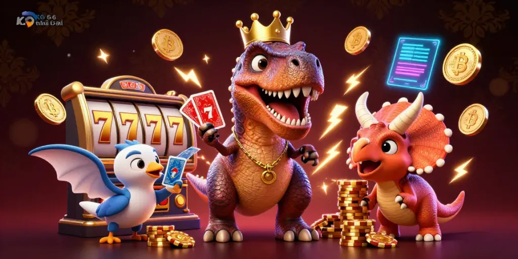 Experience the thrill of KO66 nhà cái with a T-Rex and friends in a vibrant casino scene.