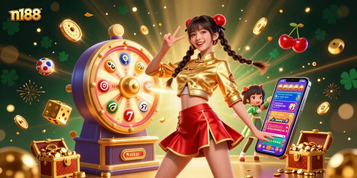 Experience excitement at n188 with a stunning Asian woman celebrating amidst vibrant casino elements and jackpots.