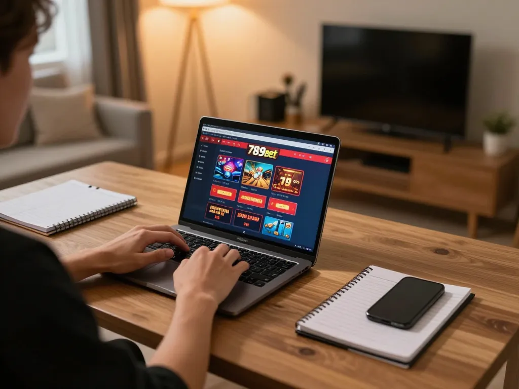 Engaging in online gambling at 789bet with a laptop setup in a cozy home environment.