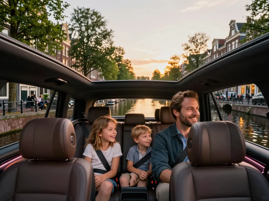 Taxi Amsterdam - gezin geniet van een luxe rit in een Mercedes taxi terwijl ze de stad verkennen.