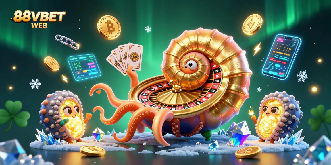 Engage with the 88VBET WEB experience featuring a dynamic 3D cartoon nautilus roulette wheel, shining gold elements.