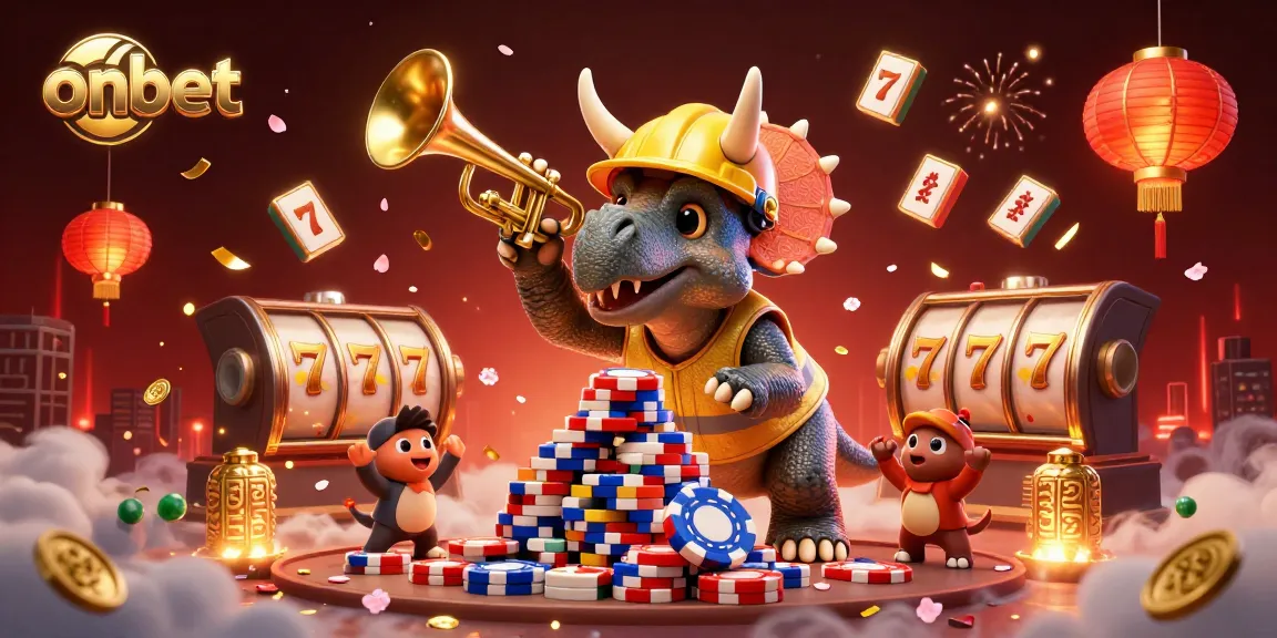 onbet showcases a vibrant illustration of a triceratops building poker chip pyramids, celebrating winning moments.